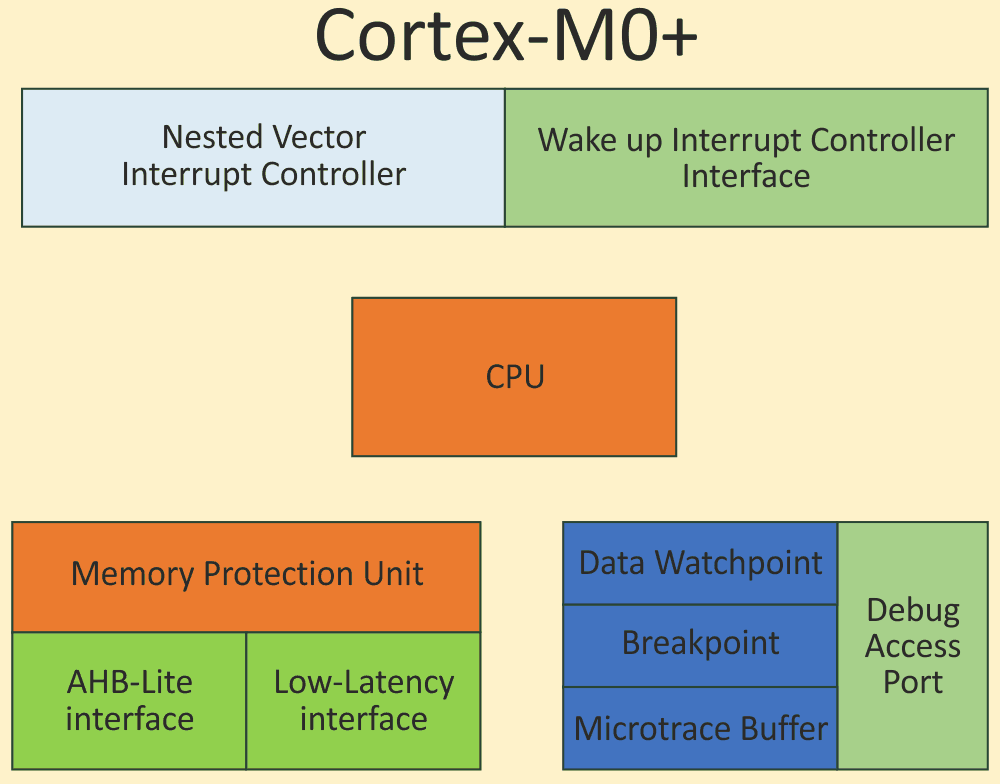 The 32-bit Cortex-M0+ is a small footprint microprocessor.