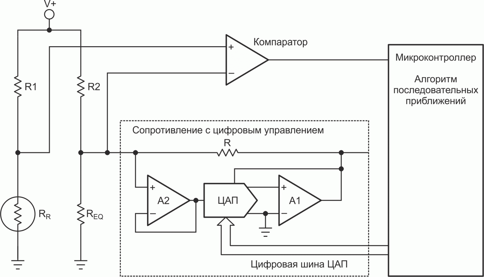 В этой схеме компаратор подключен к мосту.