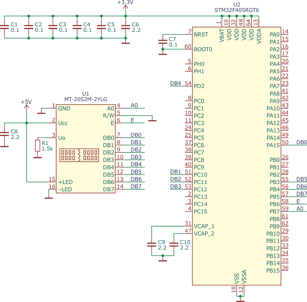 Принципиальная схема подключения экрана MT-20S2M к микроконтроллеру STM32F405.