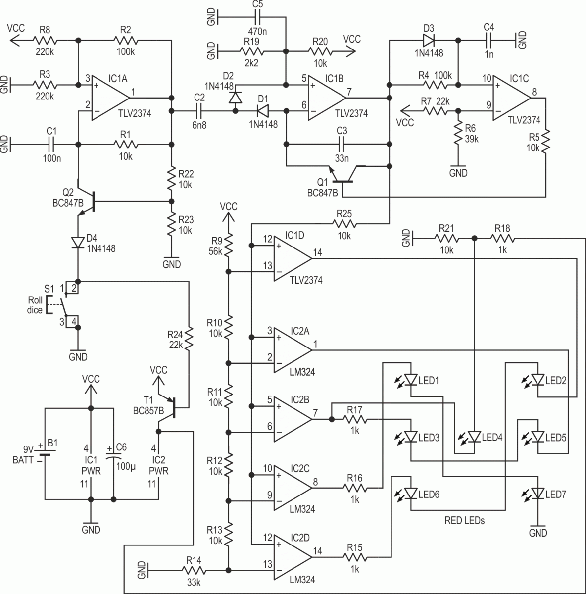 The analog electronic dice circuit, from left to right, shows the clock oscillator, a charge pump, and a reset circuit for this charge pump.