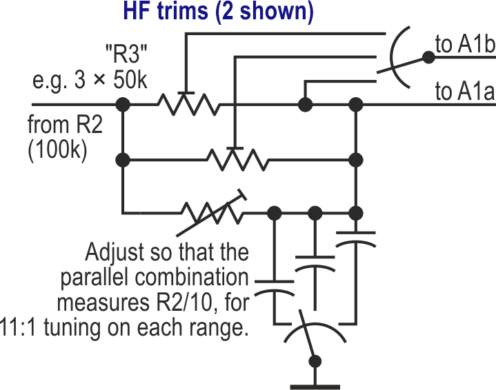 For multi-range use, timing capacitor C1 is switched. To trim the HF response for each range, R3 must also vary.
