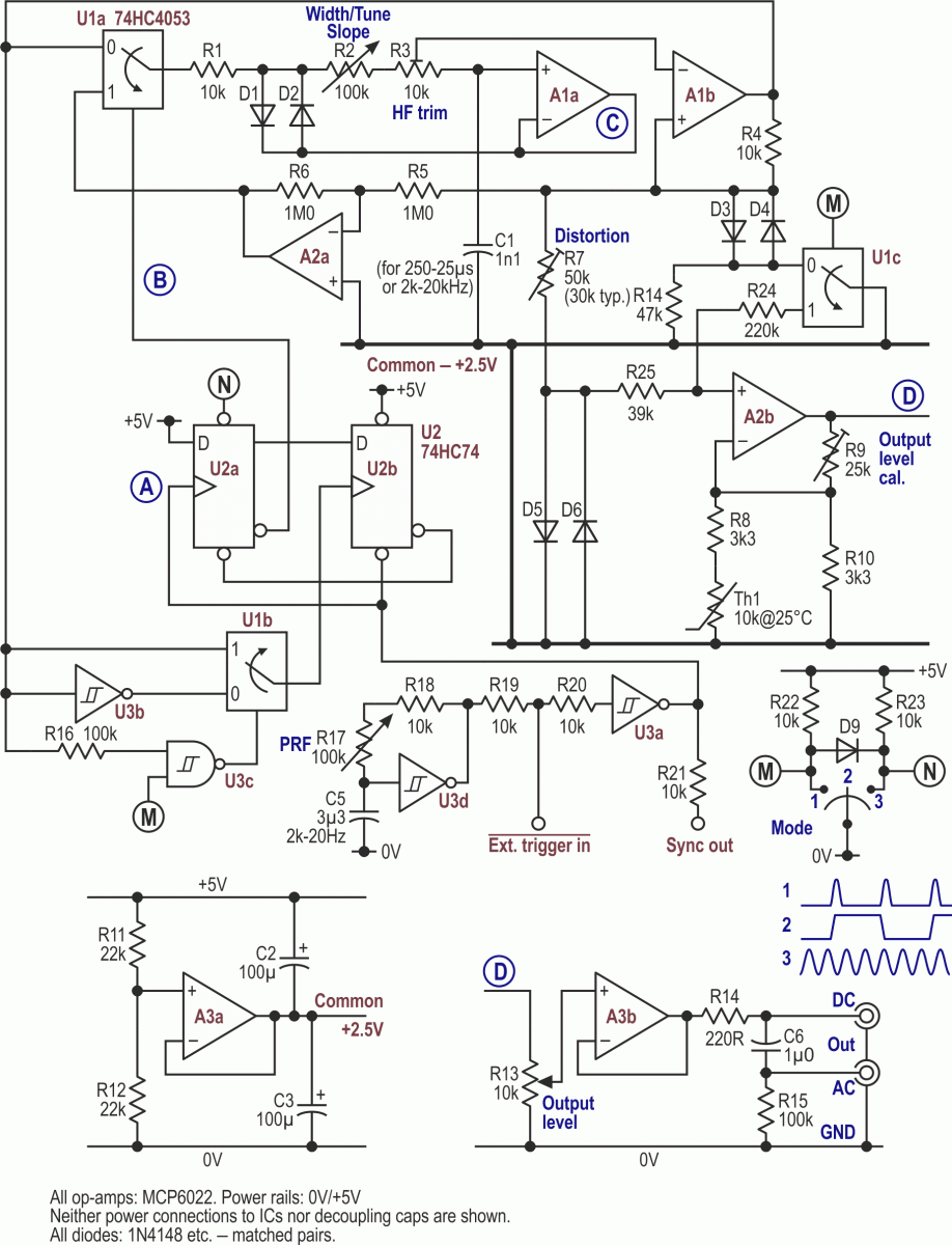 The full circuit, which now produces square waves with well-shaped edges as well as pulses and continuous sine waves.
