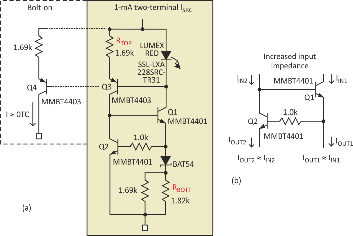 Bolt-on circuit, transistors create zero-drift current source