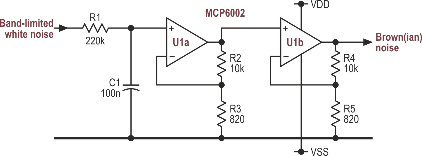 This simple circuit converts white noise into Brownian.