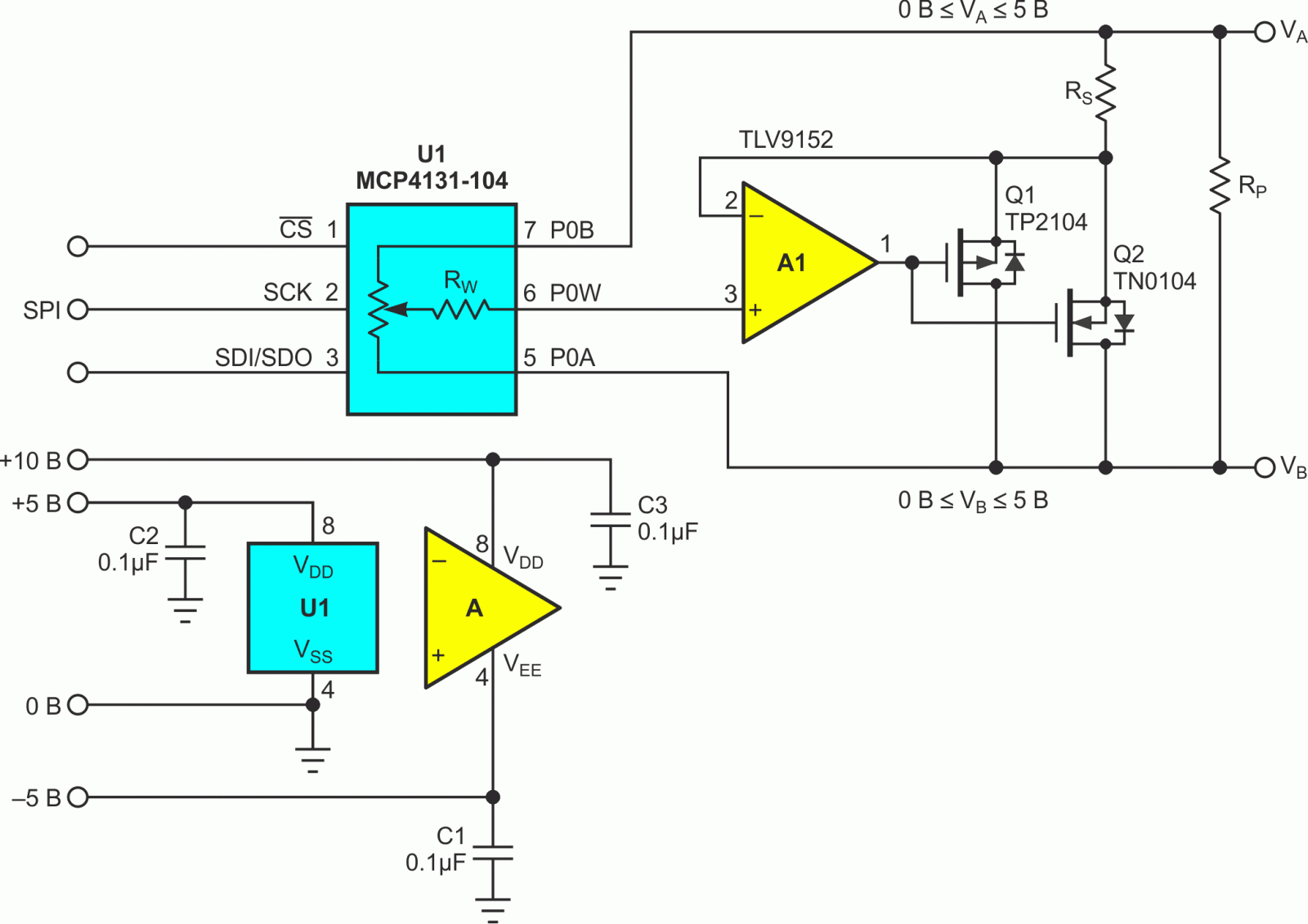 Простое параллельное включение дополнительных n- и p-канальных MOSFET может выглядеть хорошо, но не будет работать при напряжении |VA - VB|, превышающем нескольких сотен мВ.