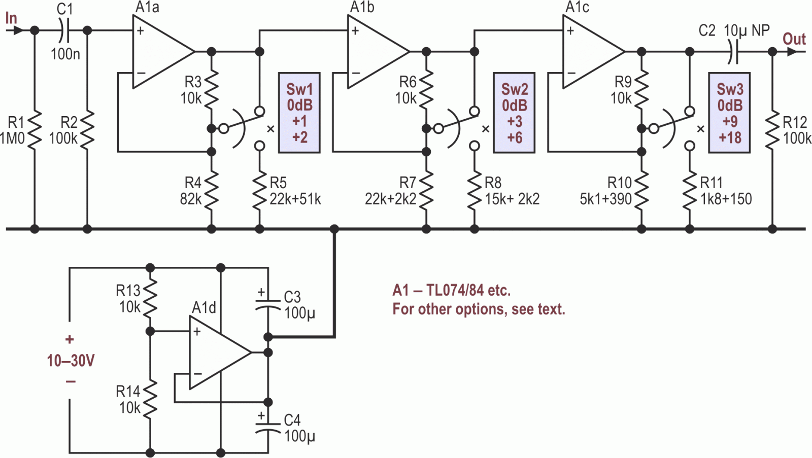 Ternary switching over three stages gives 0-26 dB gain in precise 1-dB steps.