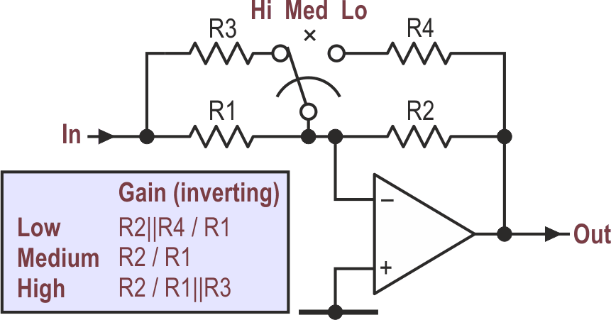 An inverting amplifier stage using the same switching principle.