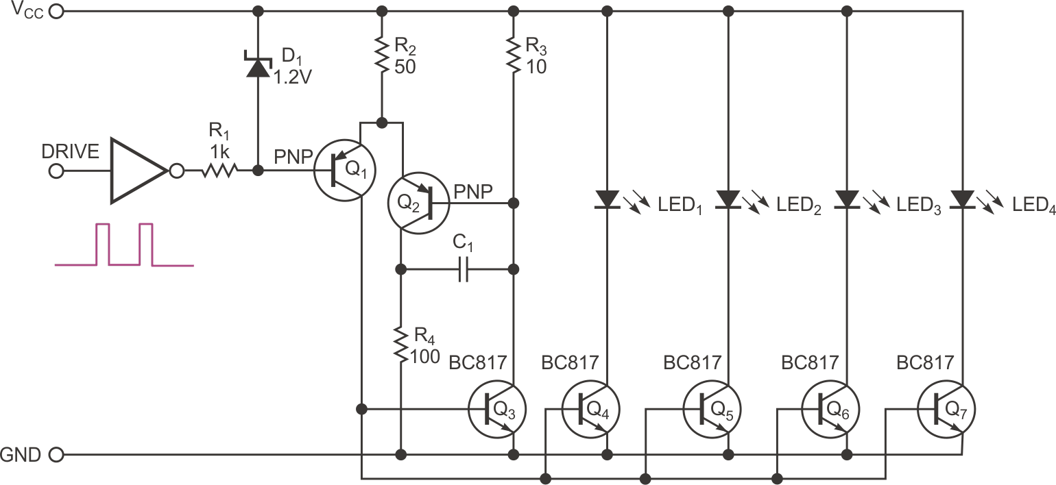 Current mirror drives multiple LEDs low
