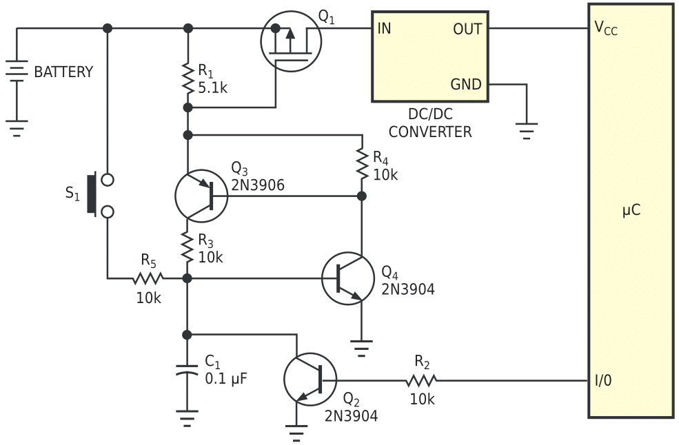 A two-transistor latch provides positive turn-on when you push the button.