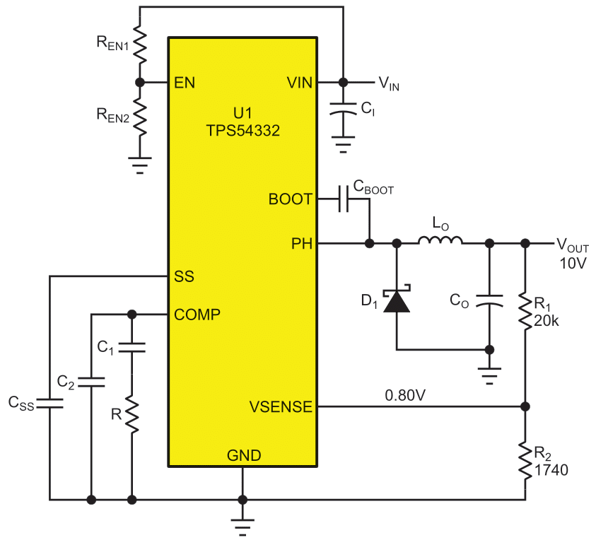 The (almost) universal regulator output programming network where VOUT = VSENSE(R1/R2 + 1) = 0.8 V × (11.5 + 1) = 10 V.