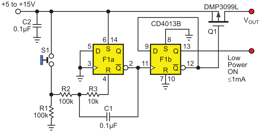 F1a regeneratively debounces S1 so F1b can flip ON and flop OFF reliably.