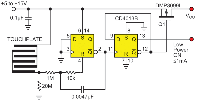 An increase in RC network resistances allows substitution for S1 with a simple touchplate.