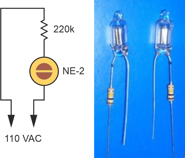 All it takes to use a neon lamp with an AC line as its power source is a current-limiting series resistor, as shown in the schematic (left); the physical implementation of the schematic diagram is also a simple interconnect (right).