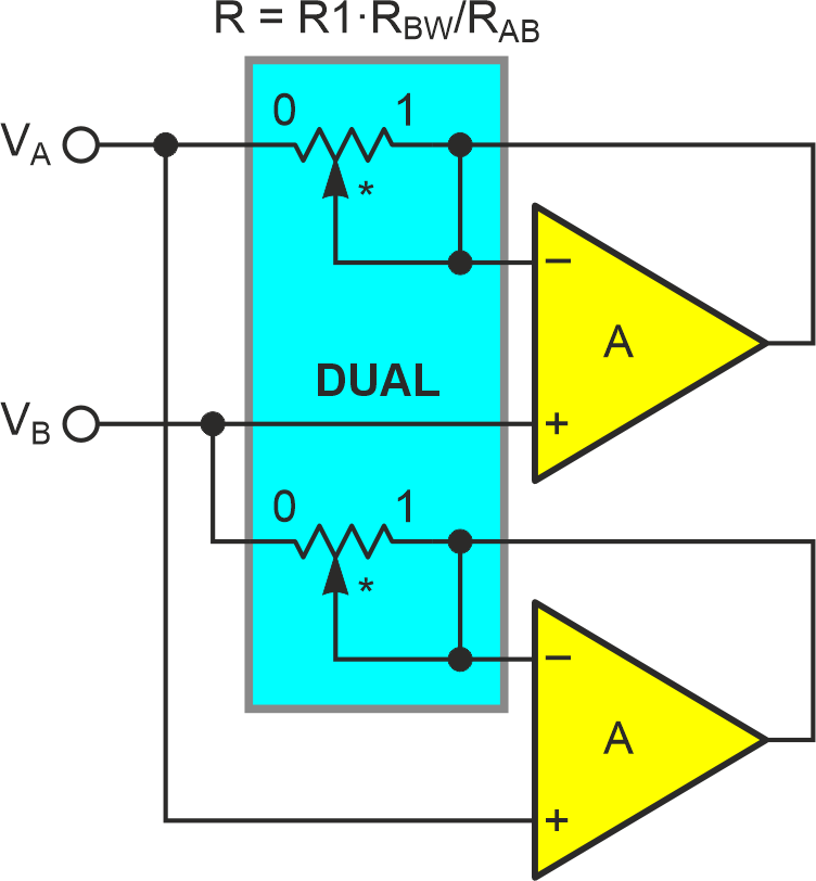 Duplicate and cross-connect Figure 1's circuitry to get a two-terminal programmable resistance.
