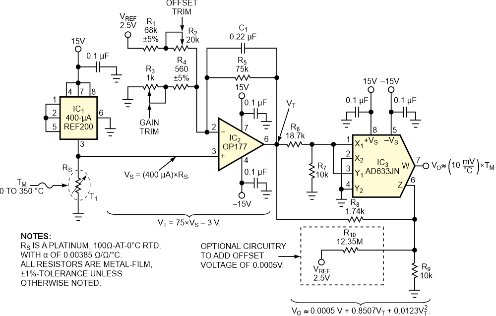 This RTD circuit uses a second-order polynomial to linearize the output of the sensor.