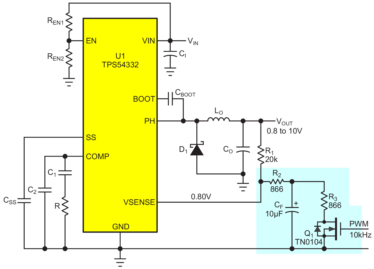 Simple circuit for regulator programming with PWM where VOUT ranges from 0.8 V to 10 V as the duty factor (D) goes from 0 to 1.