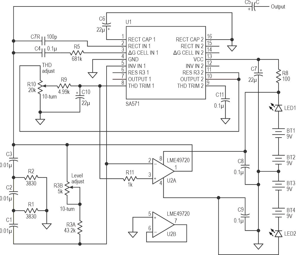 A simple, purely analog -130dB THD sine wave generator
