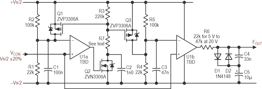 This all-discrete version (apart from the op-amps) uses a second section to produce an output having a duty cycle close to 50%.