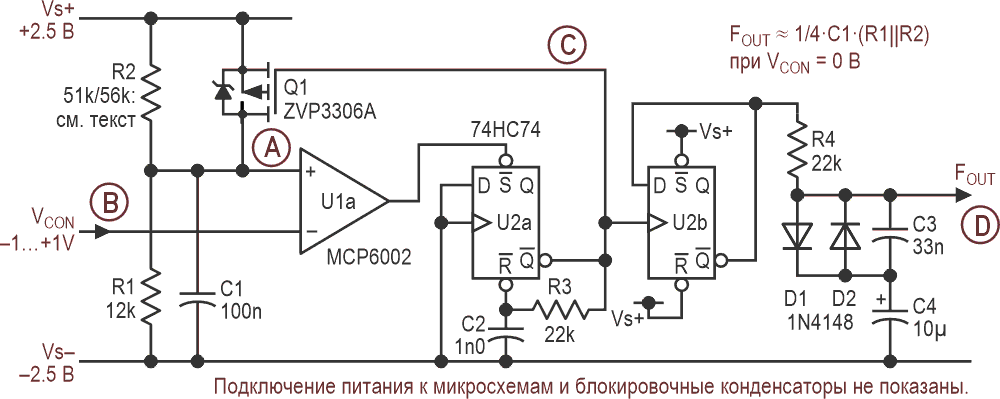 Изменение опорного напряжения вместо постоянной времени RC дает закон настройки, при котором отклик по высоте тона достаточно близок к линейному в диапазоне пары октав, особенно после добавления резистора R2.