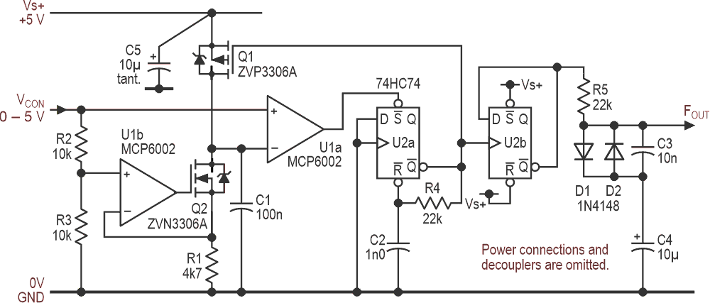 Adding a voltage-controlled current sink in place of tuning resistor R1 is the key to operation over more than 4 octaves with much better pitch accuracy.