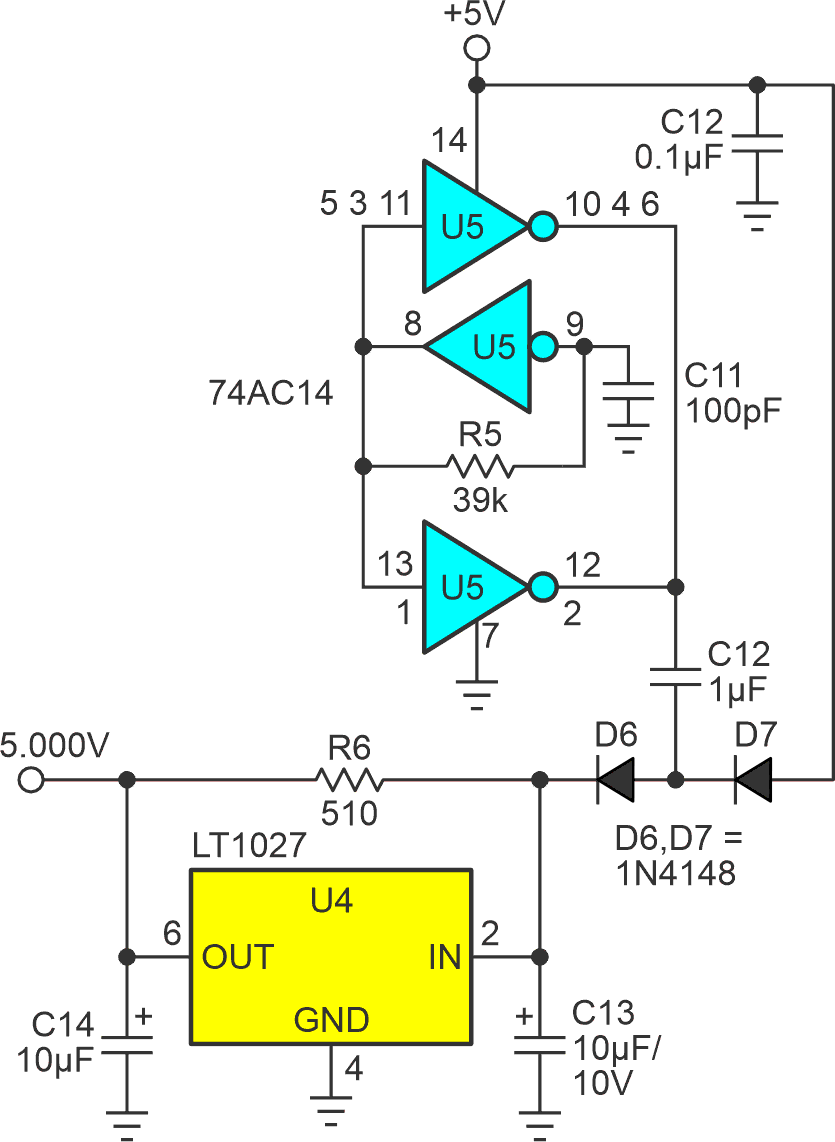 A 250-kHz diode charge pump Rail booster bringing rail to 8 V which is then regulated down to a precision 5.000 V reference by U4.