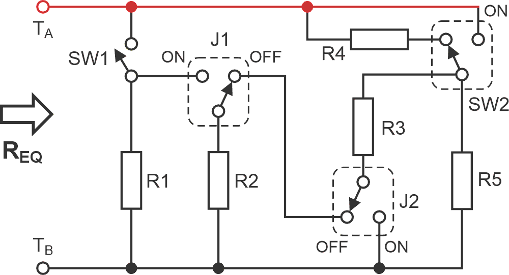 The load-resistor bank topology with four switches and five resistors is straightforward.