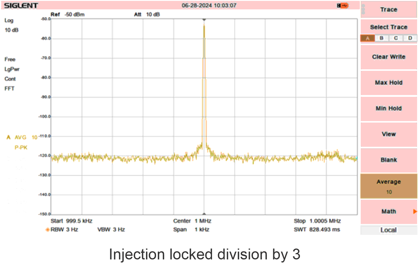 Spectrum analysis of the oscillator free running and when acting as a frequency-selective divider with an injection-locked division of 3 and 10. There is a marked improvement in phase noise when acting as a frequency-selective divider.