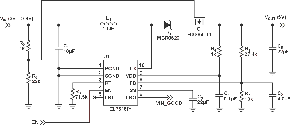 5 V regulation with boost converter and FET.