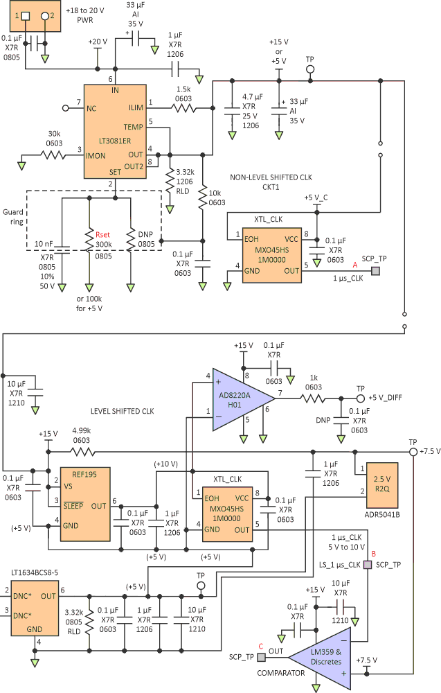 The LT3081 power supply is configurable for driving one of two possible circuits in the schematic diagram of the test board used to test comparator jitter.