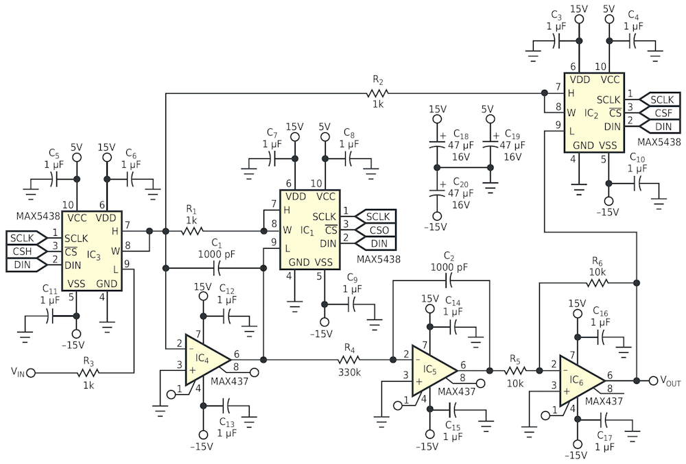 Digital potentiometers enable programmable biquadratic filter