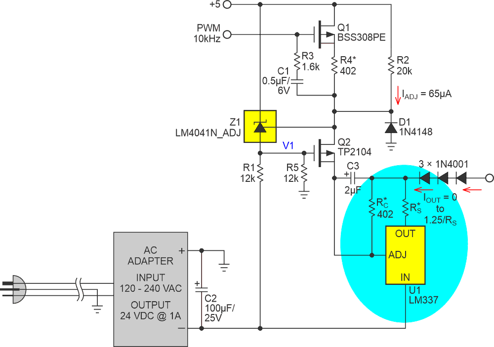 An 18 V, 1 A, PWM-programmed grounded load negative current source with a novel LM337 topology.