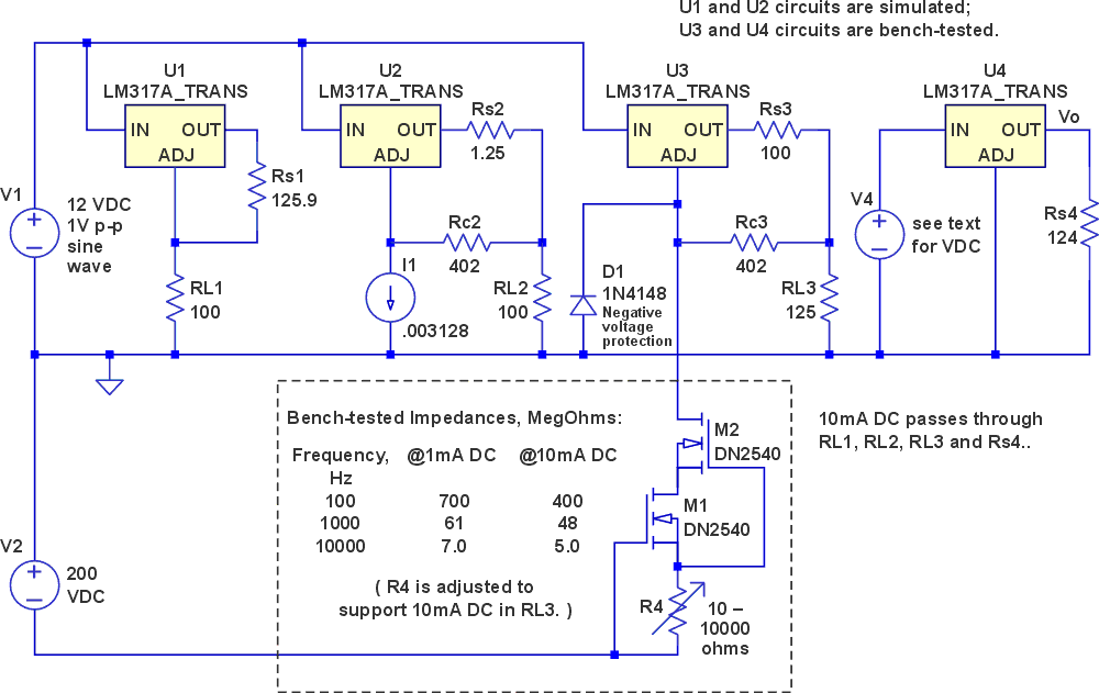 A series of LM317 circuits investigated in simulation and on the test bench for suitability as a current source.
