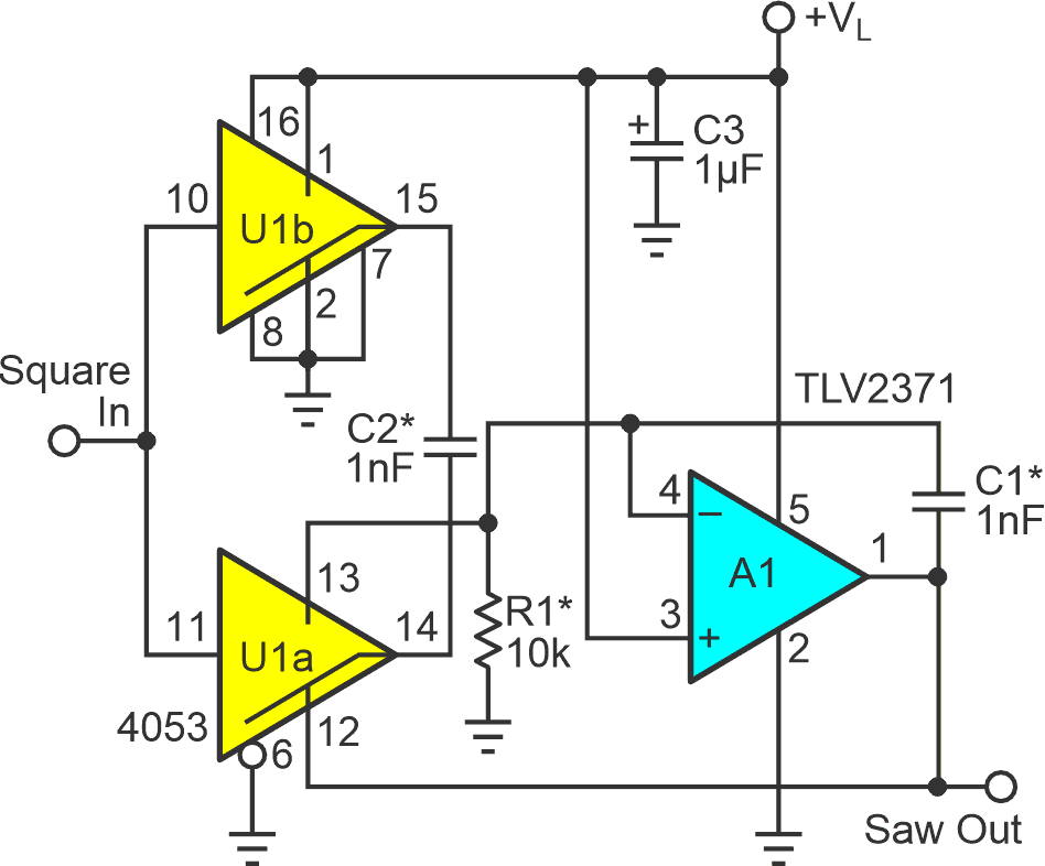 Flying capacitor C2 resets the RRIO ramp to zero volts, allowing it to be referenced to the positive rail instead of ground.