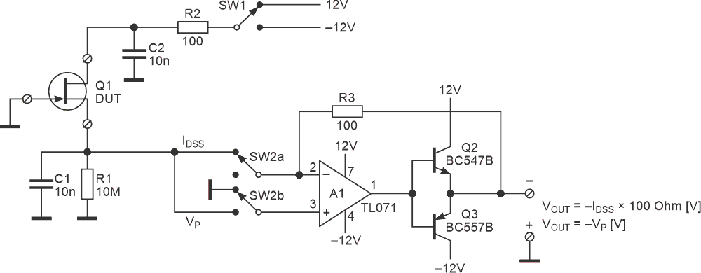 First implementation of the practical circuit used to measure IDSS and VP.