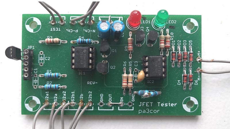 The final PCB implementation of the practical JFET circuit used to measure IDSS and VP, showing the test socket.