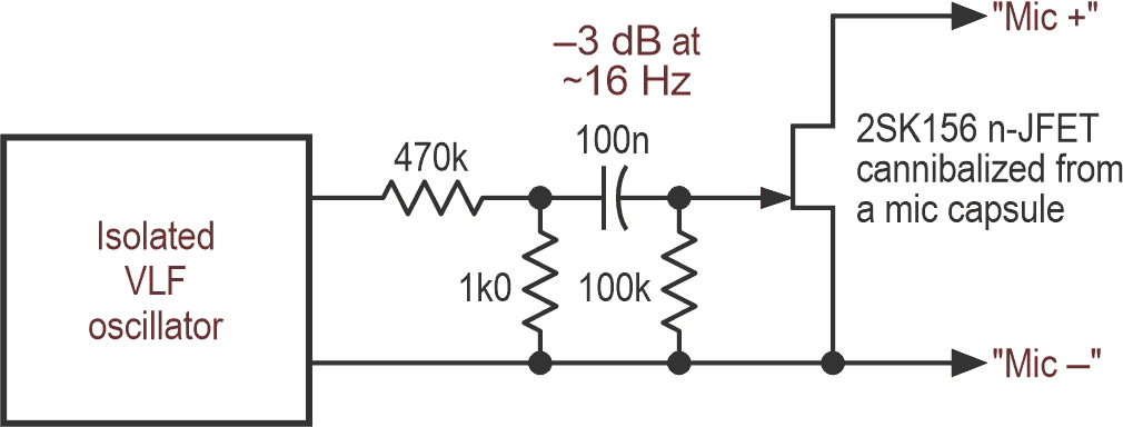 A circuit that simulates an electret microphone in real life.