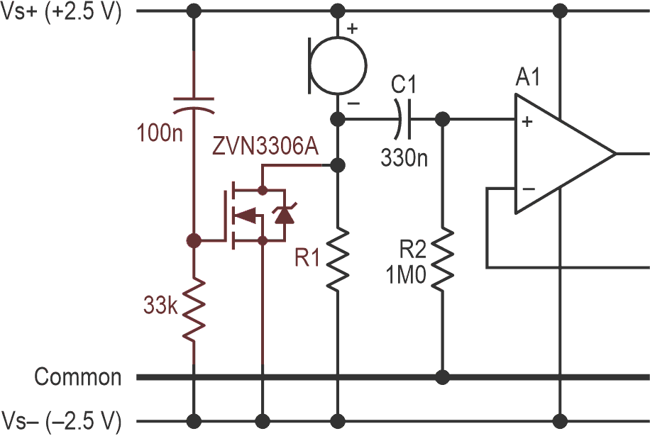 A few milliseconds of over-voltage applied across the mic at start-up injects enough charge to counterbalance much of the FET's longer-term start-up drift.