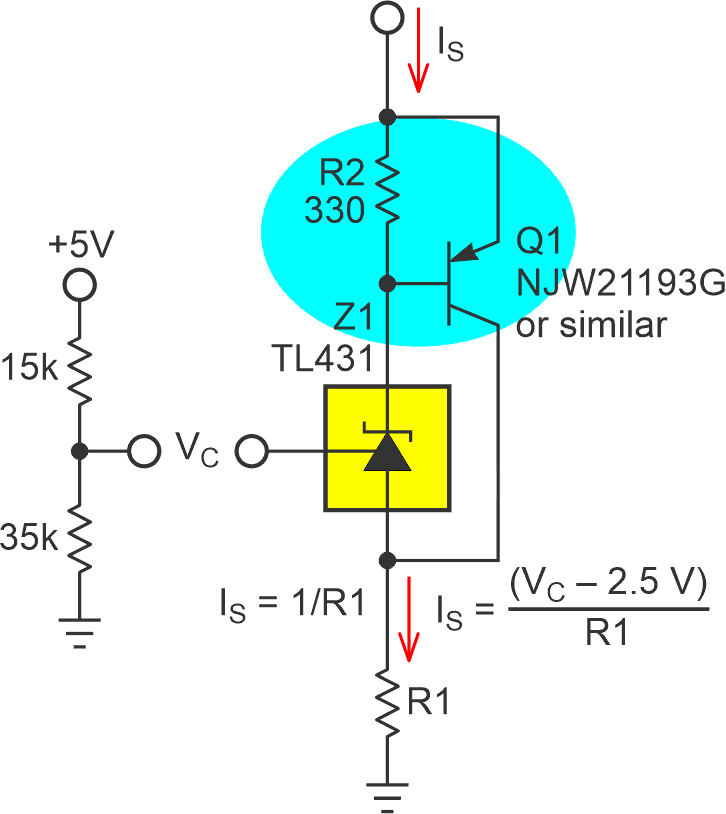 Booster transistor Q1 can handle current and voltage beyond 431 max IC and dissipation limits, while the 3.5-V voltage divider programs a constant IS.