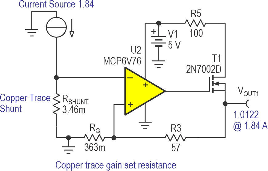 Basic circuit is shown for low-side current sensing with temperature compensated copper PCB trace shunt. 