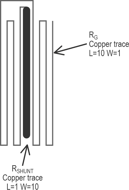 Here is how the design drawing of intended shunt and gain resistor traces looks like.