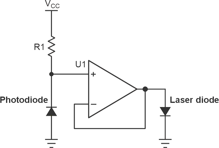 A single op-amp solution using negative feedback to provide output power regulation.