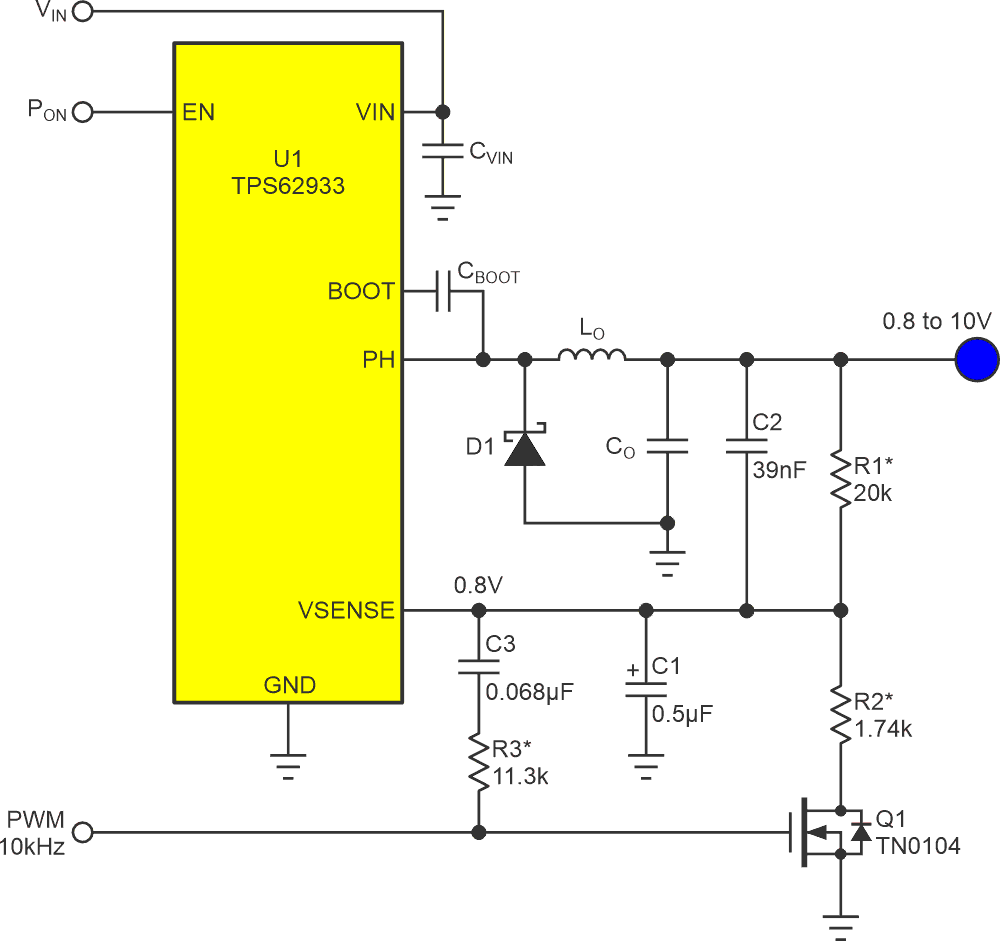 Three parts comprise a circuit for linear regulator programming with PWM.