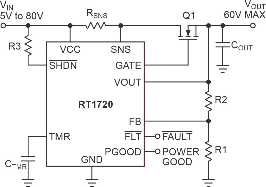 The application is built around the RT1720 hot swap controller.