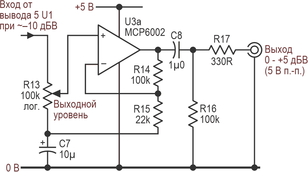 Простой выходной каскад может выдавать до +5 дБВ, что соответствует размаху от шины до шины при напряжении питания 5 В.