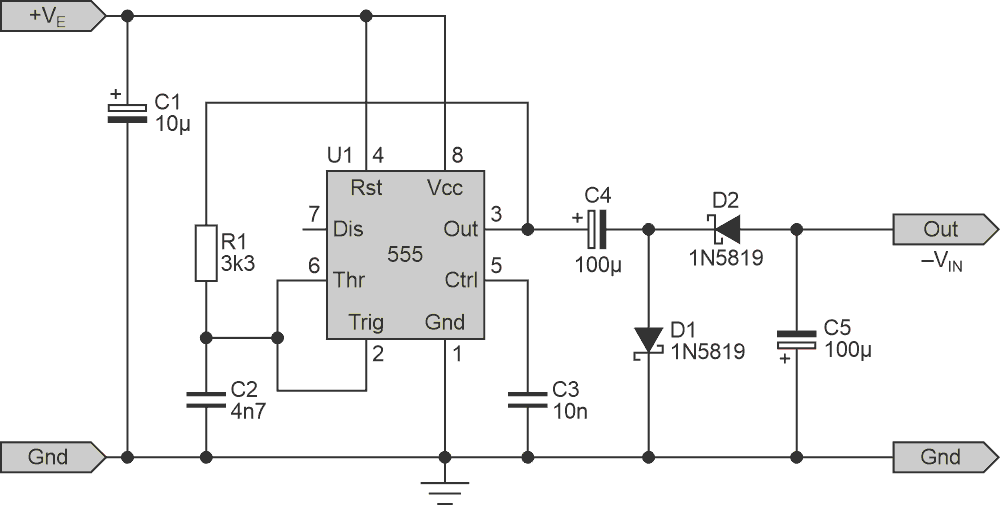 Inverting circuit: 12 V in, -12 V out (nominal).