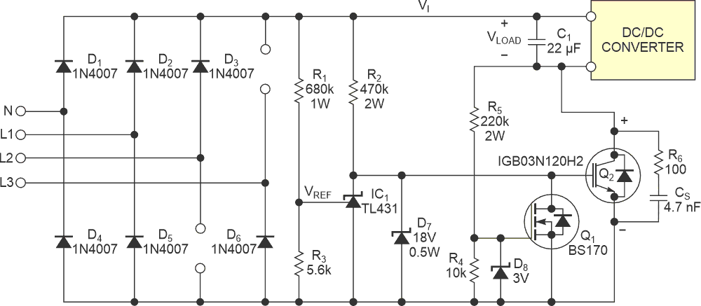 A three-phase rectifier uses a switched IGBT and a capacitor to reduce the voltage to standard offline dc/dc converters.