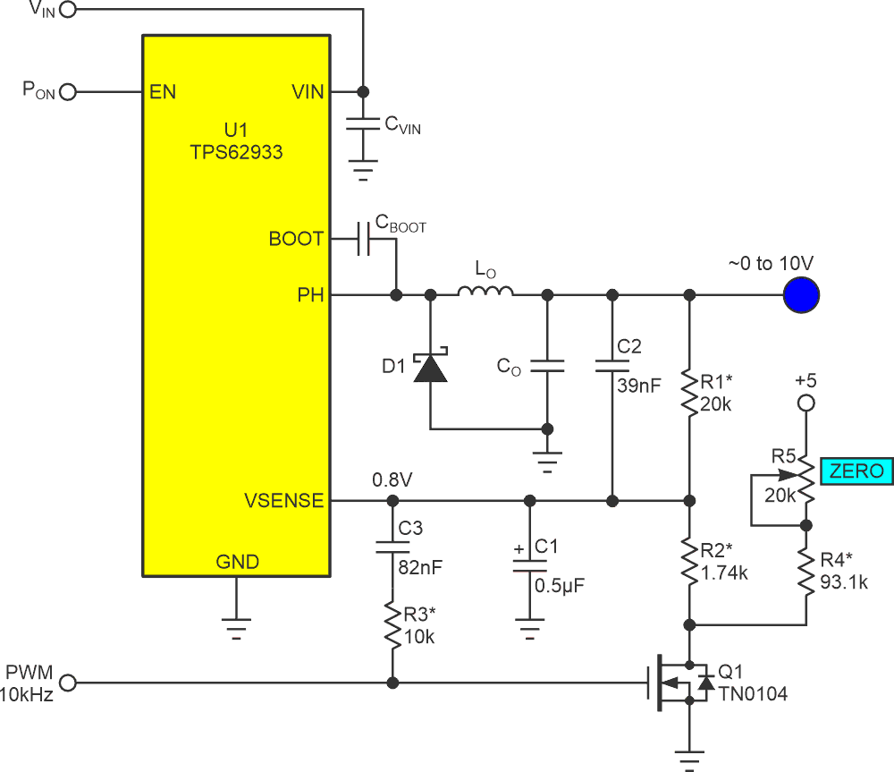 In order to make VOUT programmable down to zero volts, add R4 and (optionally) R5 trimmer.