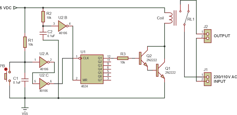 Pushbutton circuit that switches on ON and OFF for AC voltages using electromechanical relay (RL1).
