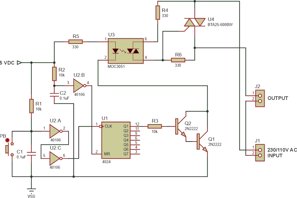 Circuit switches AC power on and off for output-connected gadgets using a solid-state relay formed by U3 and U4.