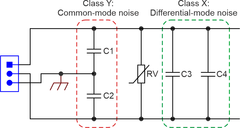 This schematic shows how to use both capacitors in an AC-line input circuit.